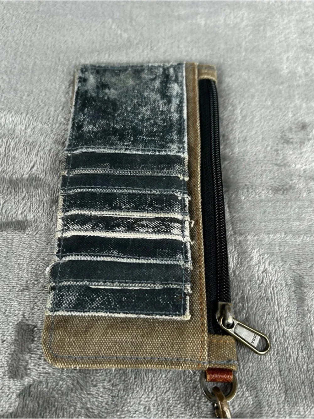Mona B Upcycled Zipper Wallet Wristlet Card‎ Slots Wrist Strap Canvas Denim